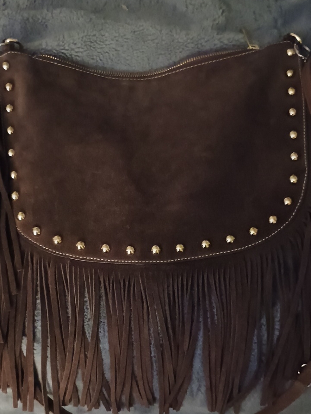 Fringe Suede Crossbody Bag in Dark Brown with Stud Detail